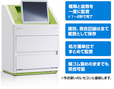 種類と錠数を一度に監査※1～2秒で完了／識別、照合記録は全て履歴として保存／処方箋単位でまとめて監査／輪ゴム留めのままでも照合可能